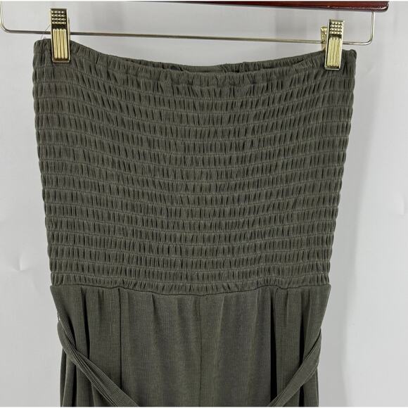 Daytrip One Piece Jumpsuit Sz M Olive Green Stretch Smocked Strapless Split Leg - Picture 6 of 10